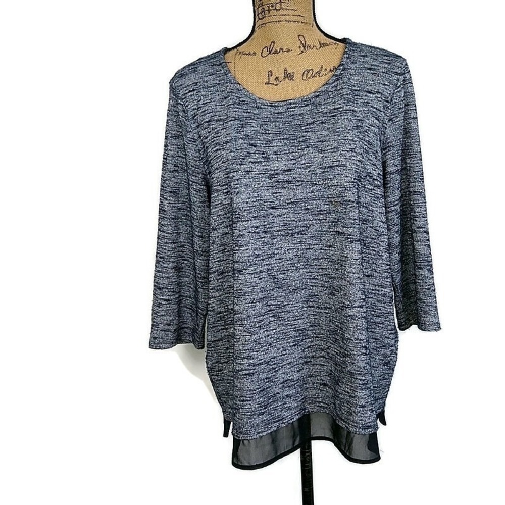 Chicos Blue Marled Knit Top Chiffon Hem 3/4 Sleeve Size 2 US M Modern Chic‎